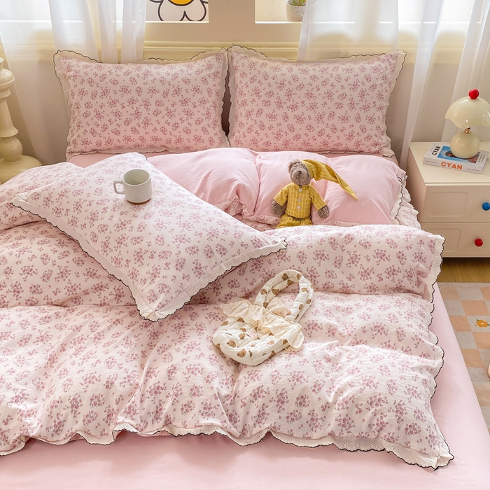 91家纺网 家纺一手货源 找家纺 豫见家纺 2026新款A类仿棉云感纱花边四件套 日光漫游