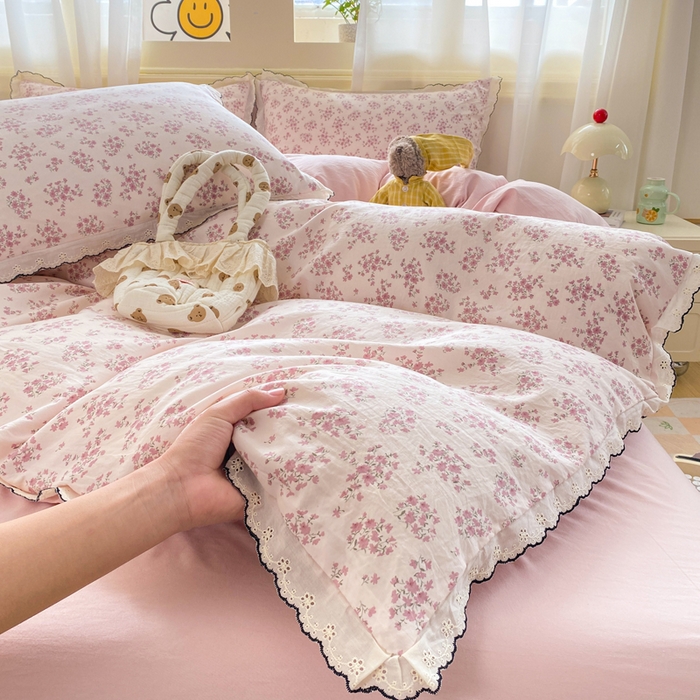 91家纺网 家纺一手货源 找家纺 豫见家纺 2026新款A类仿棉云感纱花边四件套 日光漫游