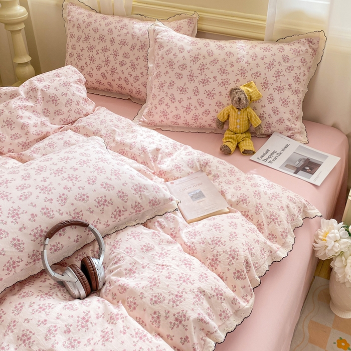 91家纺网 家纺一手货源 找家纺 豫见家纺 2026新款A类仿棉云感纱花边四件套 日光漫游