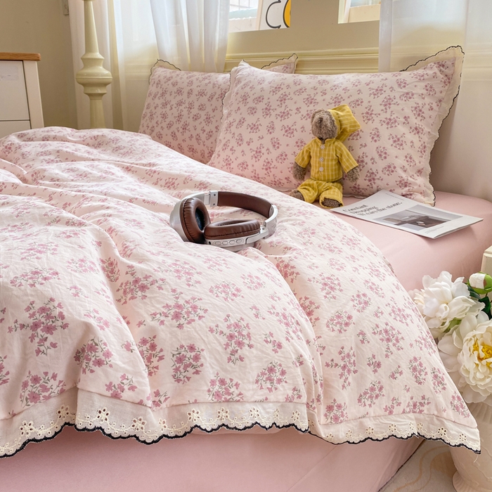 91家纺网 家纺一手货源 找家纺 豫见家纺 2026新款A类仿棉云感纱花边四件套 日光漫游