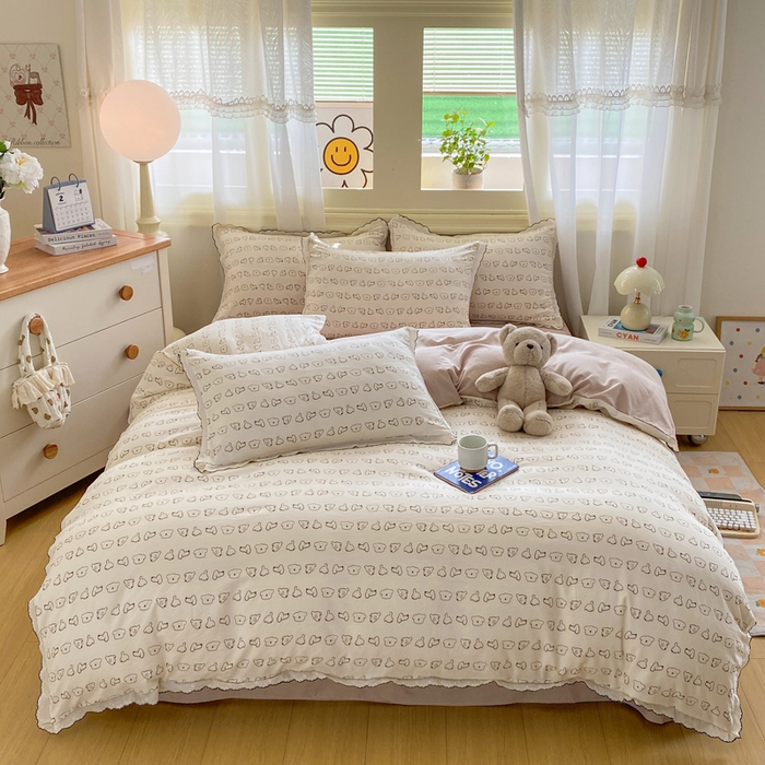 91家纺网 家纺一手货源 找家纺 豫见家纺 2026新款A类仿棉云感纱花边四件套 线条表情狗