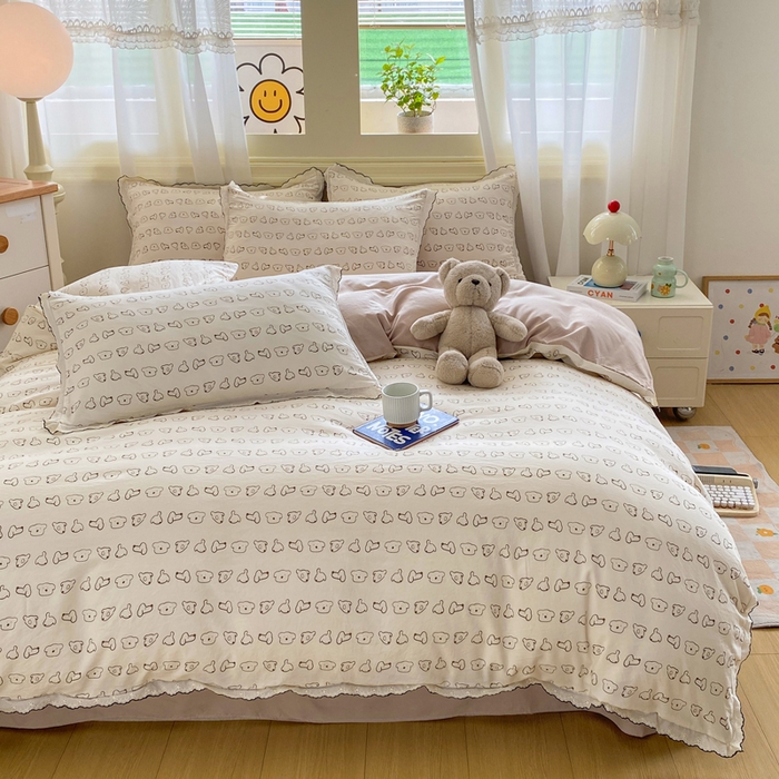 91家纺网 家纺一手货源 找家纺 豫见家纺 2026新款A类仿棉云感纱花边四件套 线条表情狗