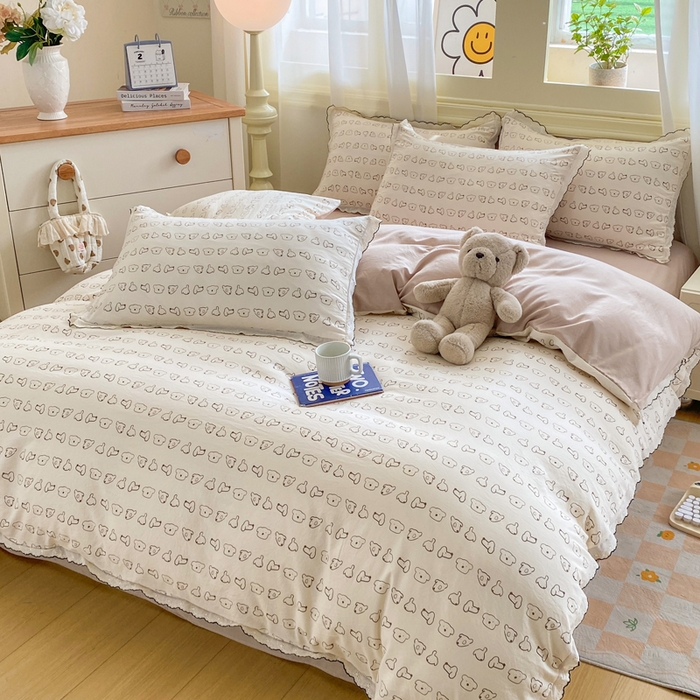 91家纺网 家纺一手货源 找家纺 豫见家纺 2026新款A类仿棉云感纱花边四件套 线条表情狗