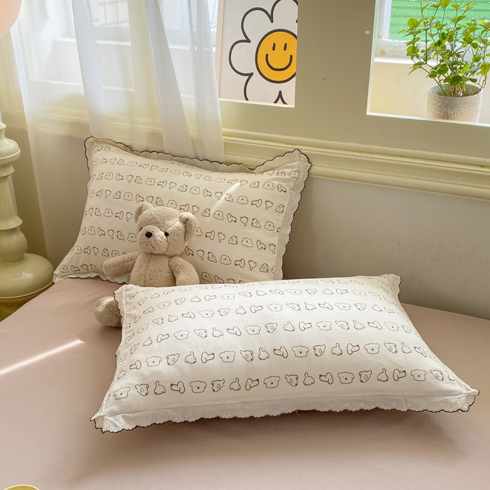 91家纺网 家纺一手货源 找家纺 豫见家纺 2026新款A类仿棉云感纱花边四件套 线条表情狗