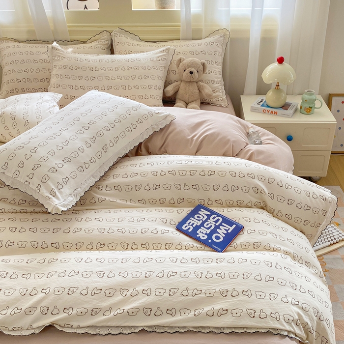 91家纺网 家纺一手货源 找家纺 豫见家纺 2026新款A类仿棉云感纱花边四件套 线条表情狗