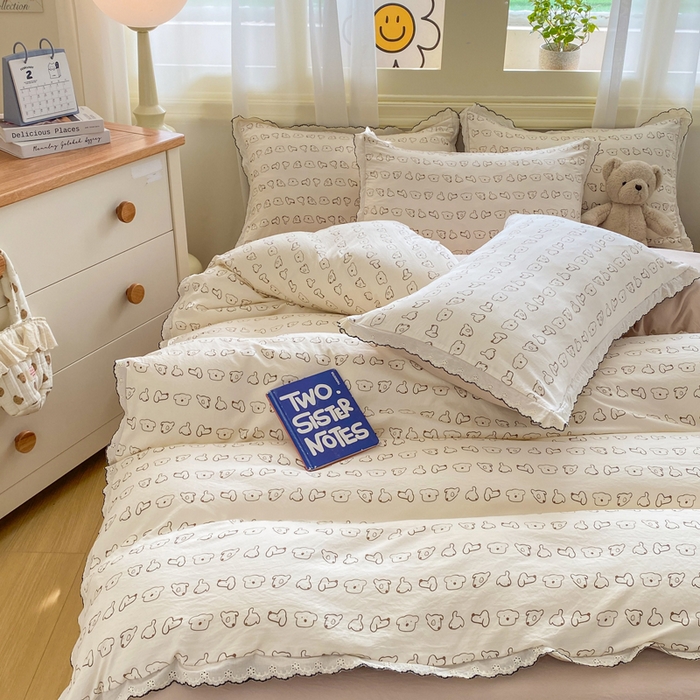 91家纺网 家纺一手货源 找家纺 豫见家纺 2026新款A类仿棉云感纱花边四件套 线条表情狗