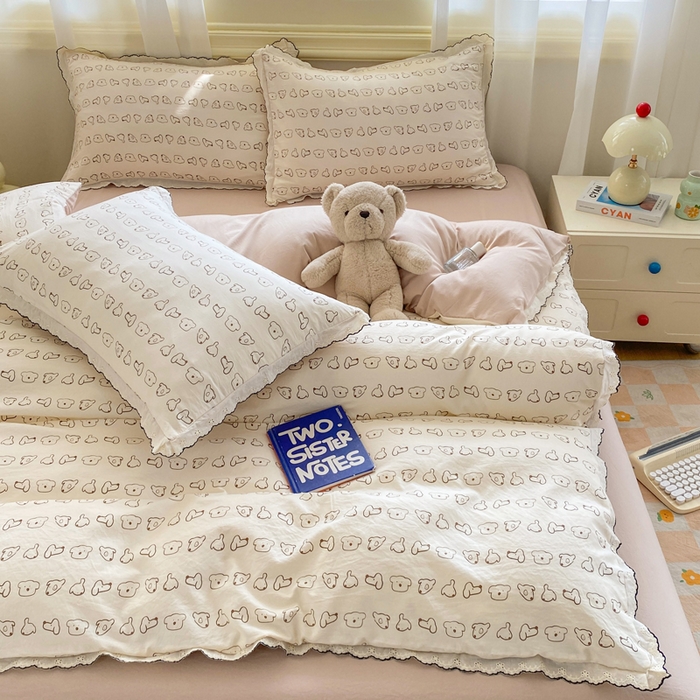 91家纺网 家纺一手货源 找家纺 豫见家纺 2026新款A类仿棉云感纱花边四件套 线条表情狗