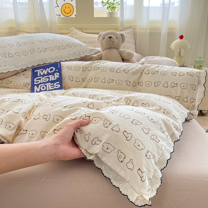 91家纺网 家纺一手货源 找家纺 豫见家纺 2026新款A类仿棉云感纱花边四件套 线条表情狗