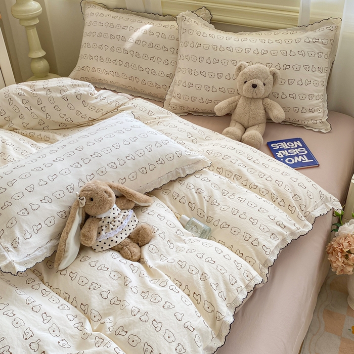 91家纺网 家纺一手货源 找家纺 豫见家纺 2026新款A类仿棉云感纱花边四件套 线条表情狗