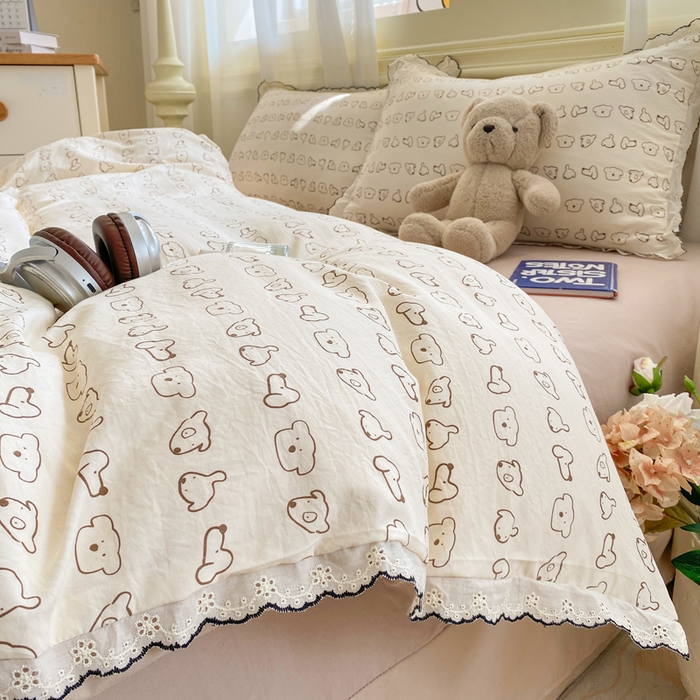 91家纺网 家纺一手货源 找家纺 豫见家纺 2026新款A类仿棉云感纱花边四件套 线条表情狗