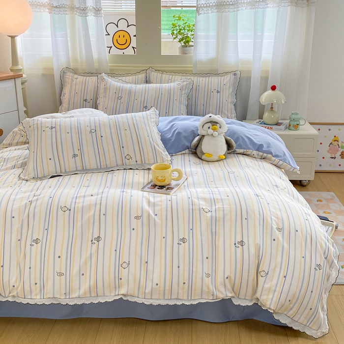 91家纺网 家纺一手货源 找家纺 豫见家纺 2026新款A类仿棉云感纱花边四件套 小鱼心事