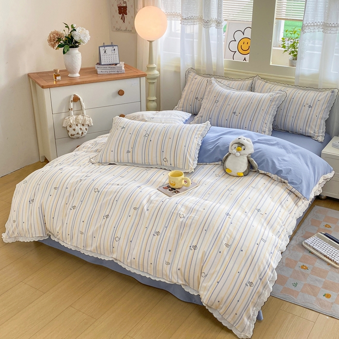 91家纺网 家纺一手货源 找家纺 豫见家纺 2026新款A类仿棉云感纱花边四件套 小鱼心事