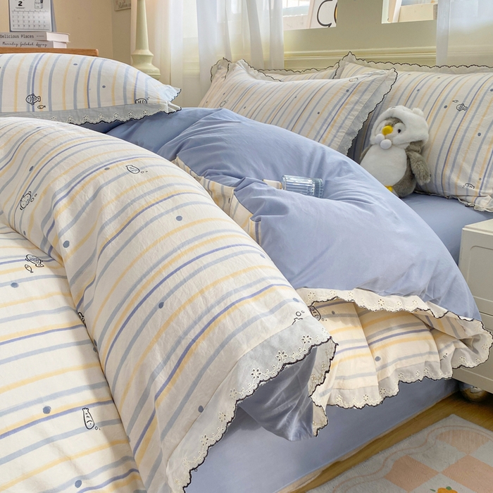 豫见家纺 2026新款A类仿棉云感纱花边四件套 小鱼心事