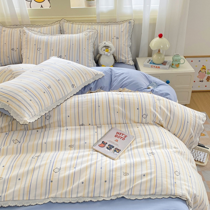 91家纺网 家纺一手货源 找家纺 豫见家纺 2026新款A类仿棉云感纱花边四件套 小鱼心事