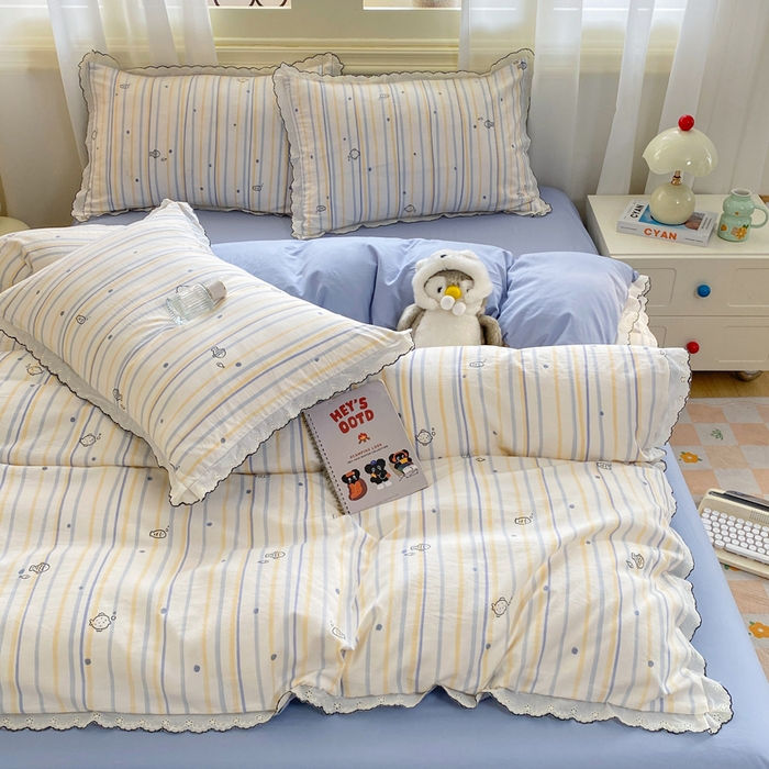 91家纺网 家纺一手货源 找家纺 豫见家纺 2026新款A类仿棉云感纱花边四件套 小鱼心事