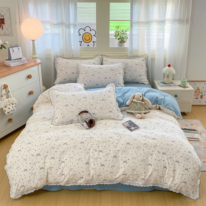 91家纺网 家纺一手货源 找家纺 豫见家纺 2026新款A类仿棉云感纱花边四件套 雨沫蝴蝶结