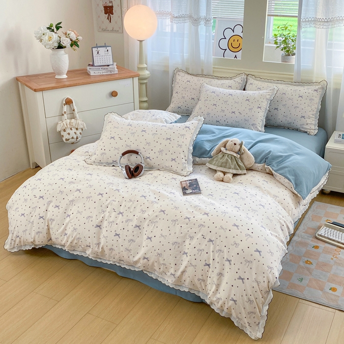 91家纺网 家纺一手货源 找家纺 豫见家纺 2026新款A类仿棉云感纱花边四件套 雨沫蝴蝶结