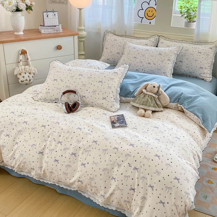 91家纺网 家纺一手货源 找家纺 豫见家纺 2026新款A类仿棉云感纱花边四件套 雨沫蝴蝶结