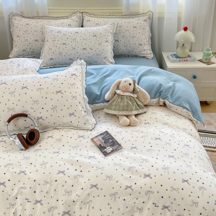 91家纺网 家纺一手货源 找家纺 豫见家纺 2026新款A类仿棉云感纱花边四件套 雨沫蝴蝶结