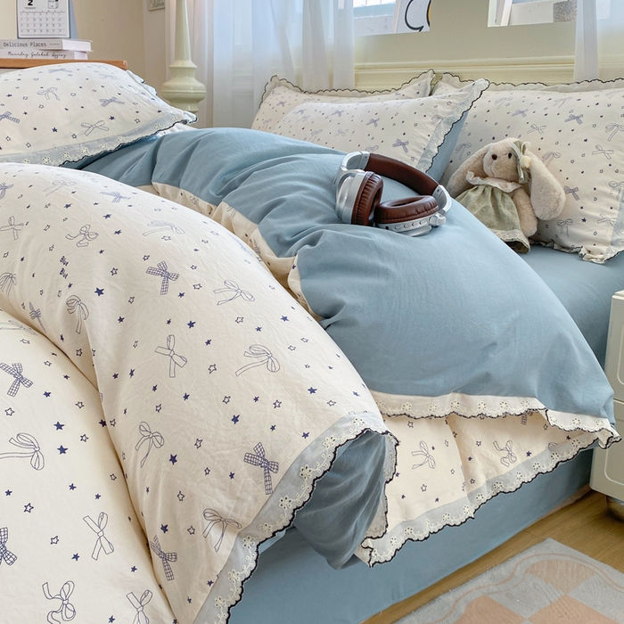 豫见家纺 2026新款A类仿棉云感纱花边四件套 雨沫蝴蝶结