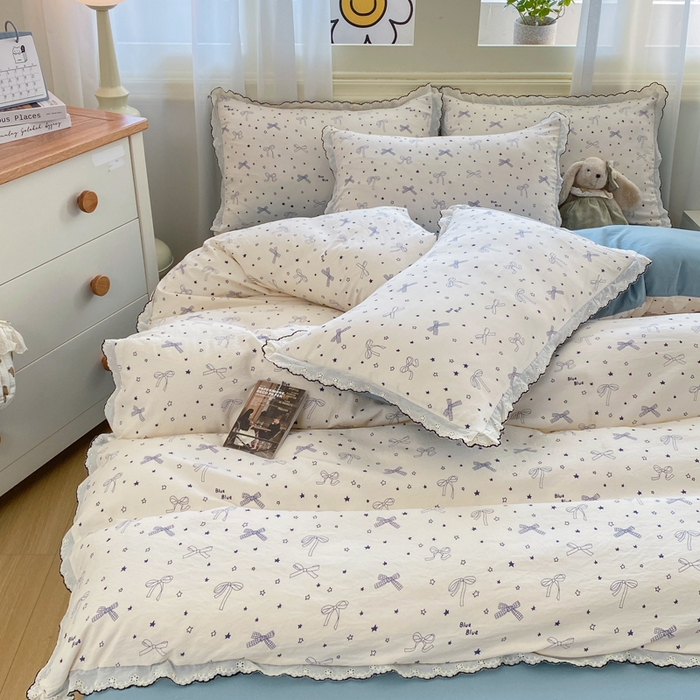 91家纺网 家纺一手货源 找家纺 豫见家纺 2026新款A类仿棉云感纱花边四件套 雨沫蝴蝶结