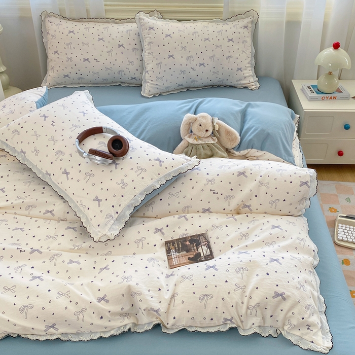 91家纺网 家纺一手货源 找家纺 豫见家纺 2026新款A类仿棉云感纱花边四件套 雨沫蝴蝶结