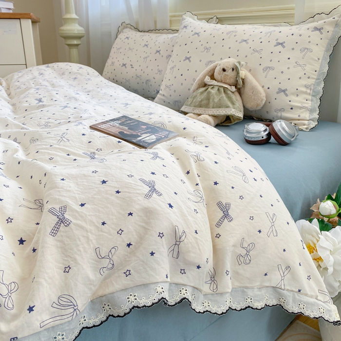 91家纺网 家纺一手货源 找家纺 豫见家纺 2026新款A类仿棉云感纱花边四件套 雨沫蝴蝶结