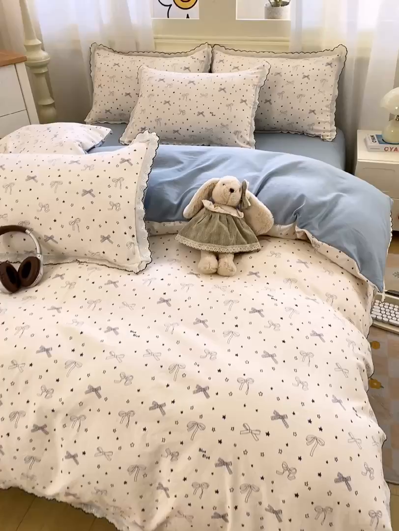 91家纺网 家纺一手货源 找家纺 豫见家纺 2026新款A类仿棉云感纱花边四件套 雨沫蝴蝶结