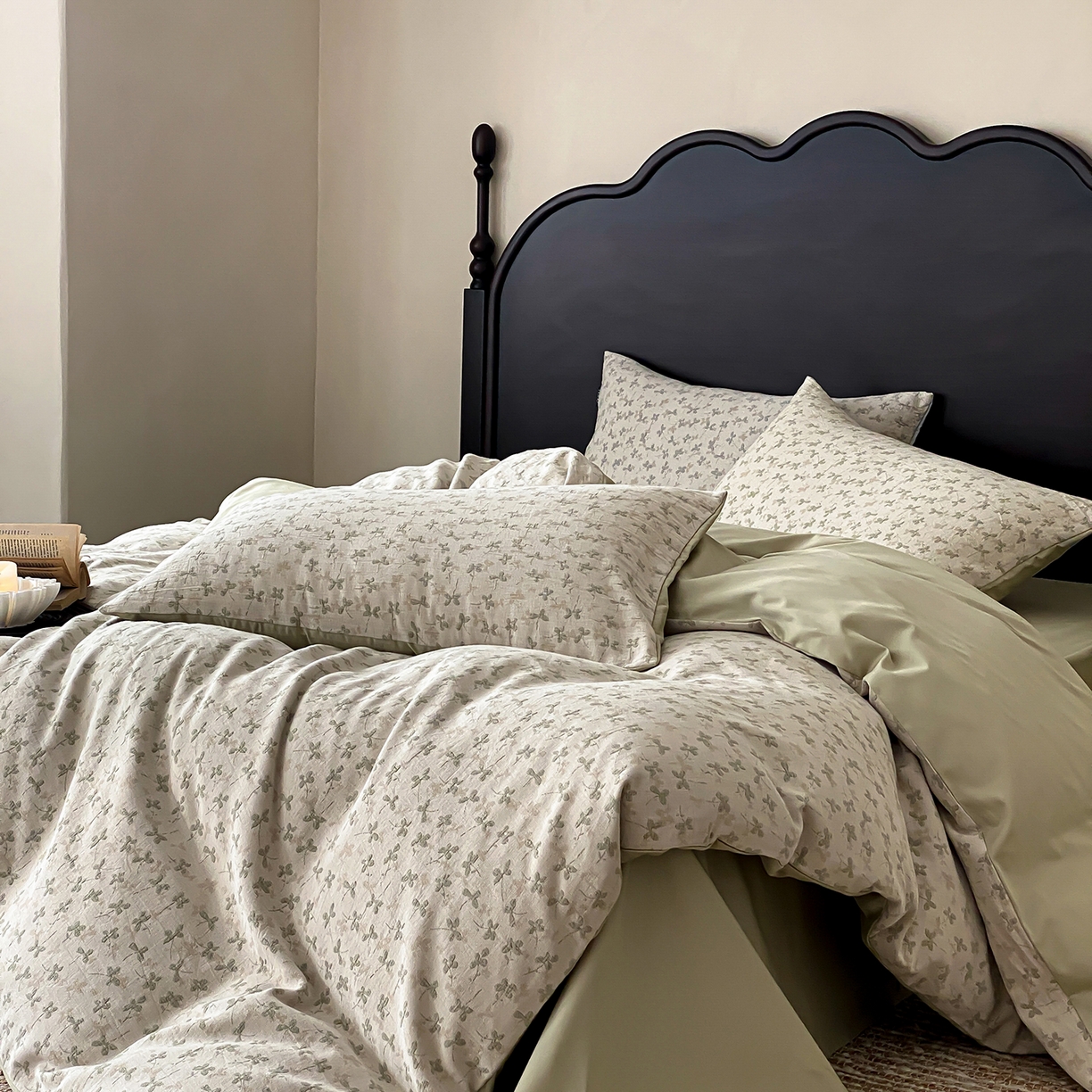 91家纺网 家纺一手货源 找家纺 赫帛 2026新款60S全棉色织提花水洗棉四件套-四叶草 四叶草-浅绿