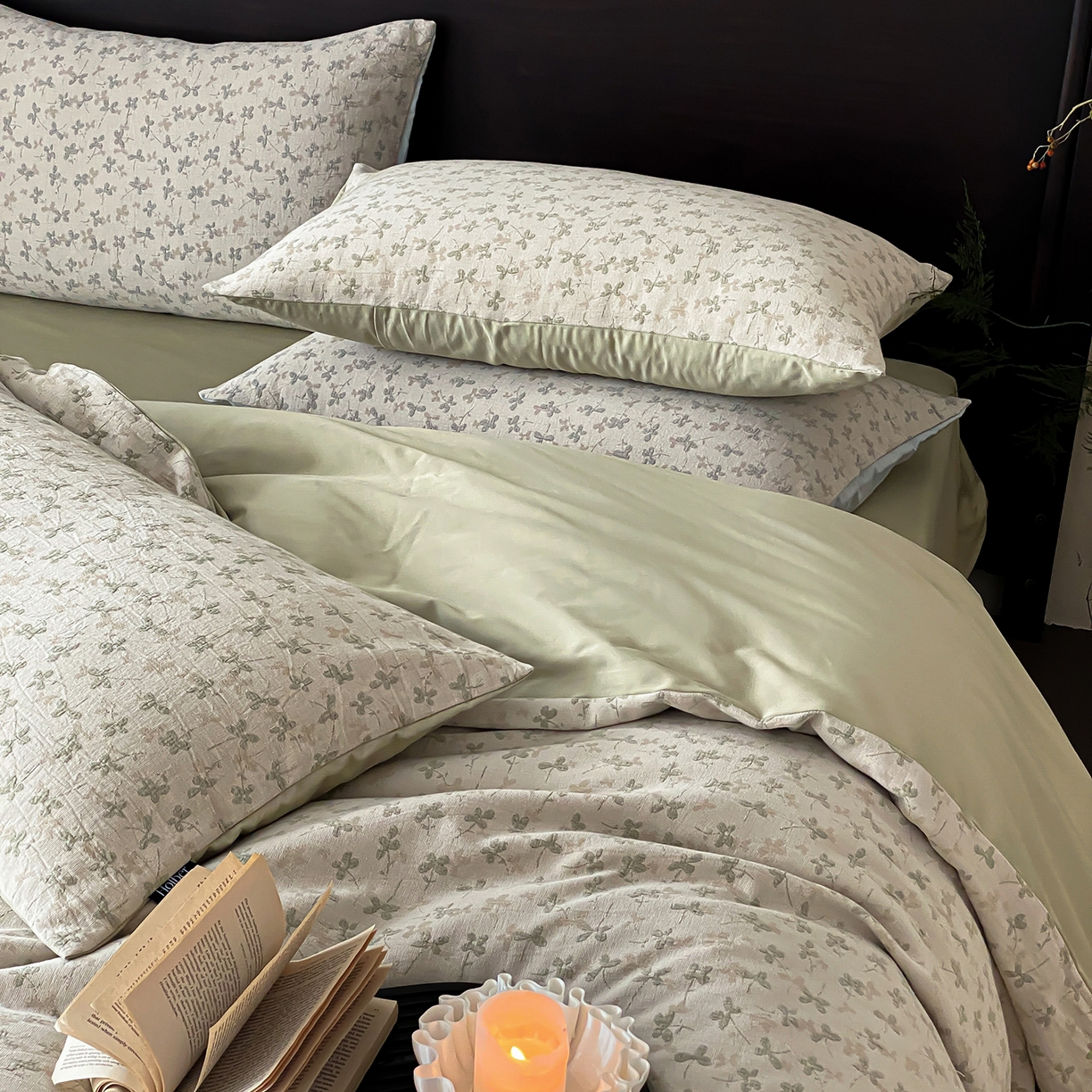 91家纺网 家纺一手货源 找家纺 赫帛 2026新款60S全棉色织提花水洗棉四件套-四叶草 四叶草-浅绿