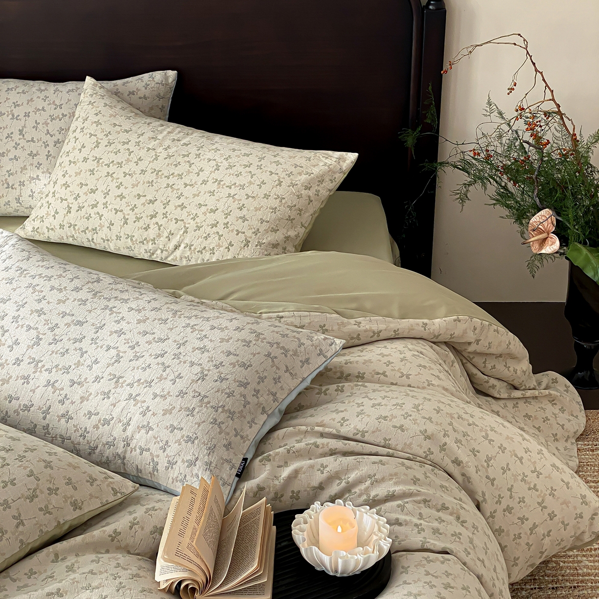 91家纺网 家纺一手货源 找家纺 赫帛 2026新款60S全棉色织提花水洗棉四件套-四叶草 四叶草-浅绿