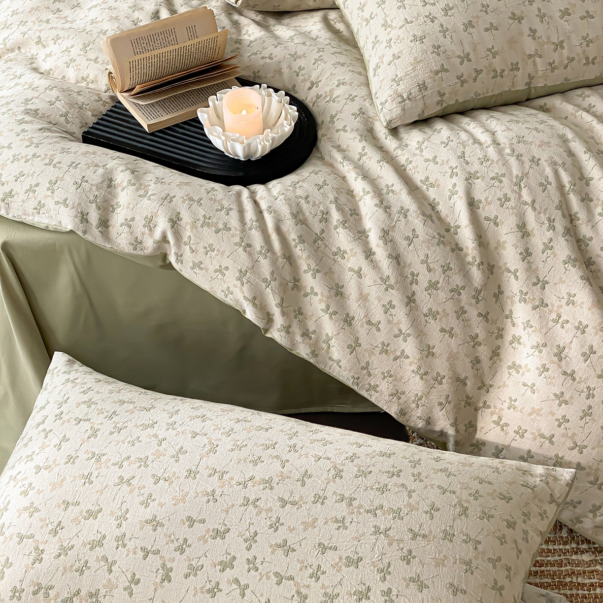 91家纺网 家纺一手货源 找家纺 赫帛 2026新款60S全棉色织提花水洗棉四件套-四叶草 四叶草-浅绿