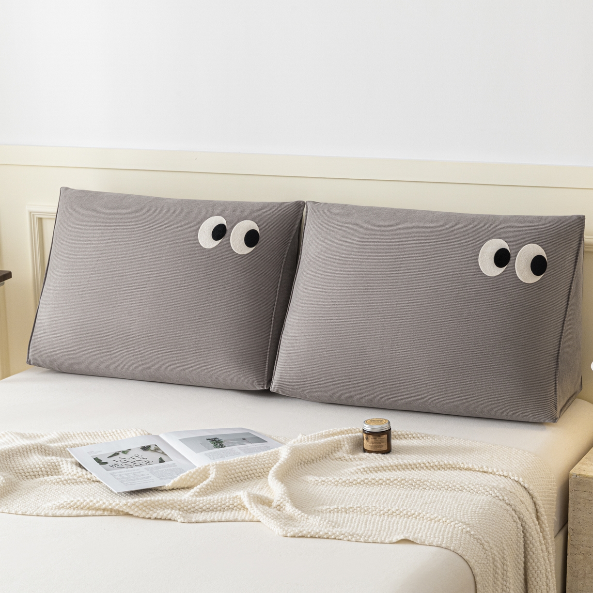 91家纺网 家纺一手货源 找家纺 美达人 2026新款灯芯绒三角腰枕靠背 灯芯绒-眼睛-灰色-三角腰枕组合