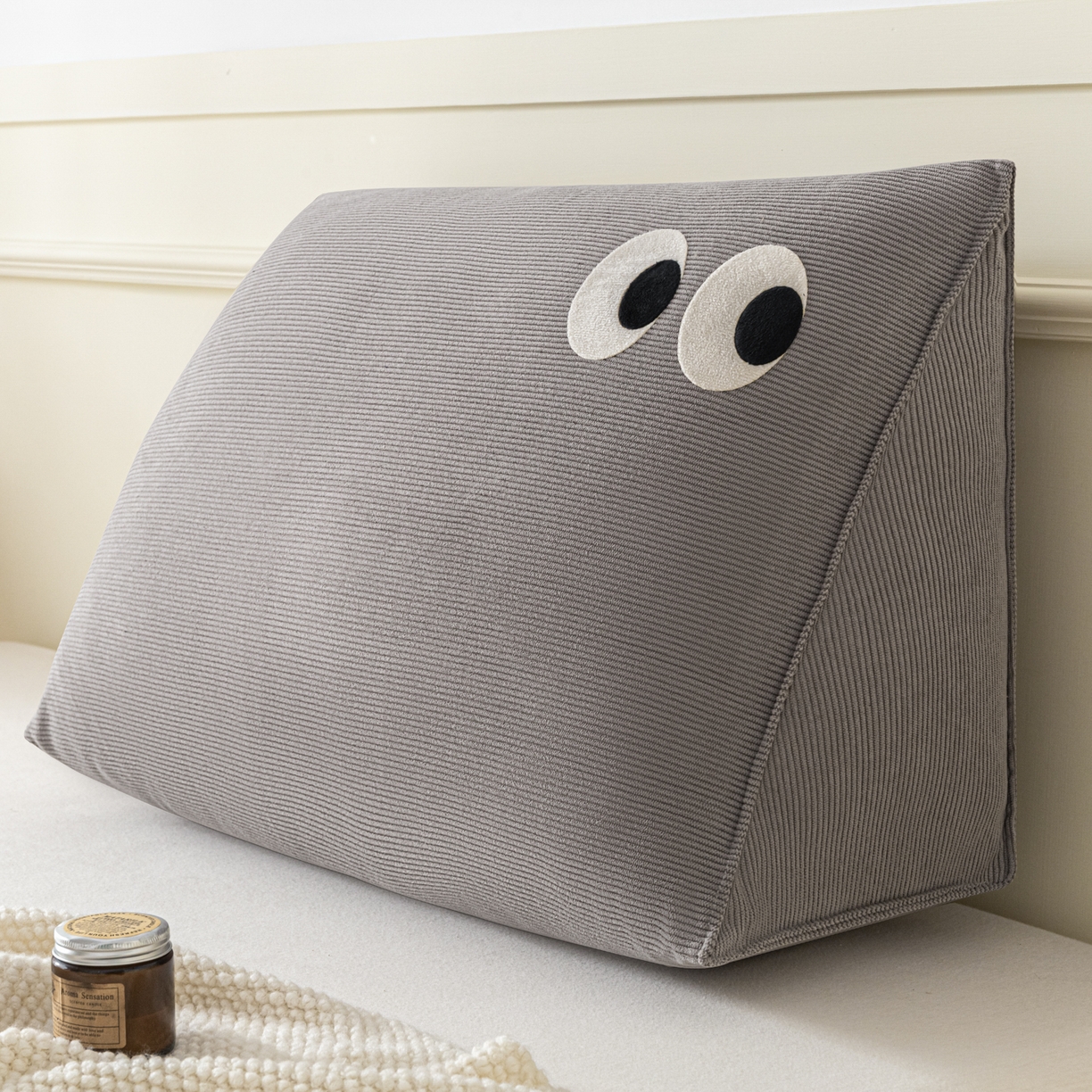 美达人 2026新款灯芯绒三角腰枕靠背 灯芯绒-眼睛-灰色-三角腰枕单只
