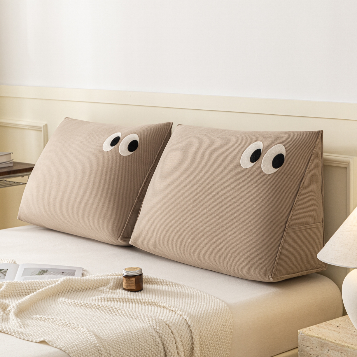 美达人 2026新款灯芯绒三角腰枕靠背 灯芯绒-眼睛-小麦咖-三角腰枕组合