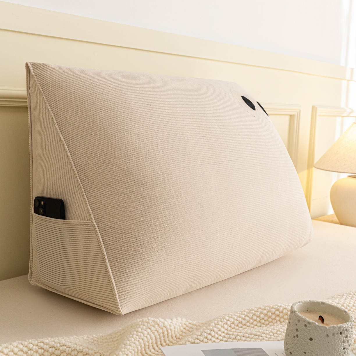 91家纺网 家纺一手货源 找家纺 美达人 2026新款灯芯绒三角腰枕靠背 灯芯绒-眼睛-月白-三角腰枕单只