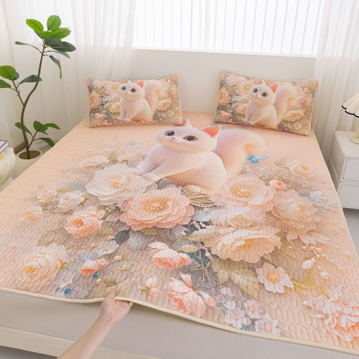 91家纺网 家纺一手货源 找家纺 （总）美丽折2026新品6mm厚天然乳胶凉席三件套 大版印花卡通乳胶凉席平铺款