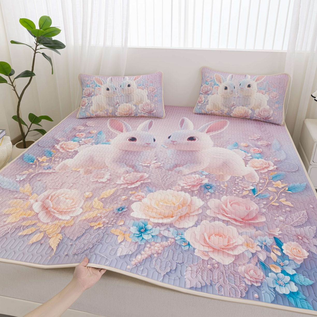 91家纺网 家纺一手货源 找家纺 （总）美丽折2026新品6mm厚天然乳胶凉席三件套 大版印花卡通乳胶凉席平铺款