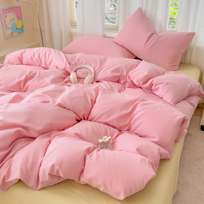 91家纺网 家纺一手货源 找家纺 疆东 2026高端100%新疆长绒棉100支纯棉全棉磨毛四件套纯色双拼全棉纯棉磨毛四件套单被套床单床笠单品 M粉色+M纤维绿