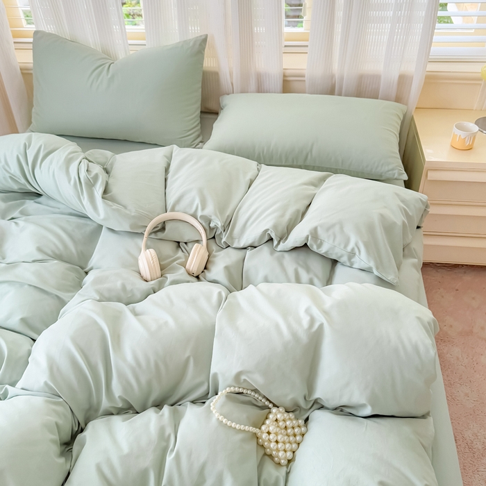 91家纺网 家纺一手货源 找家纺 疆东 2026高端100%新疆长绒棉100支纯棉全棉磨毛四件套纯色双拼全棉纯棉磨毛四件套单被套床单床笠单品 M水绿