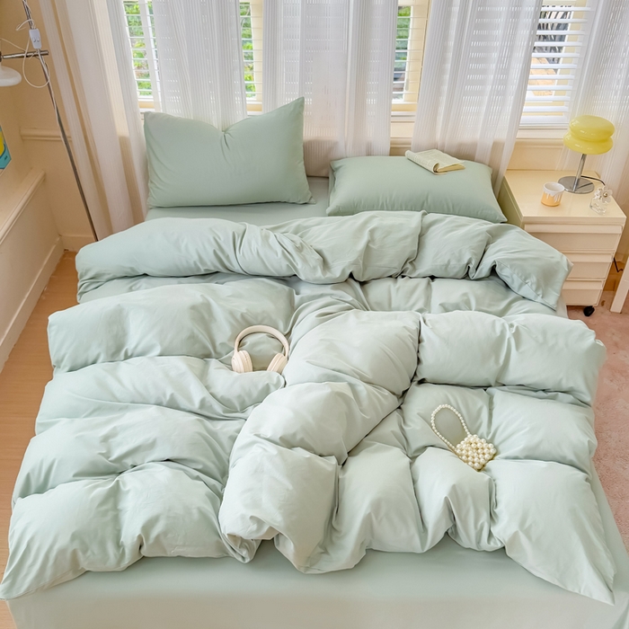 91家纺网 家纺一手货源 找家纺 疆东 2026高端100%新疆长绒棉100支纯棉全棉磨毛四件套纯色双拼全棉纯棉磨毛四件套单被套床单床笠单品 M水绿
