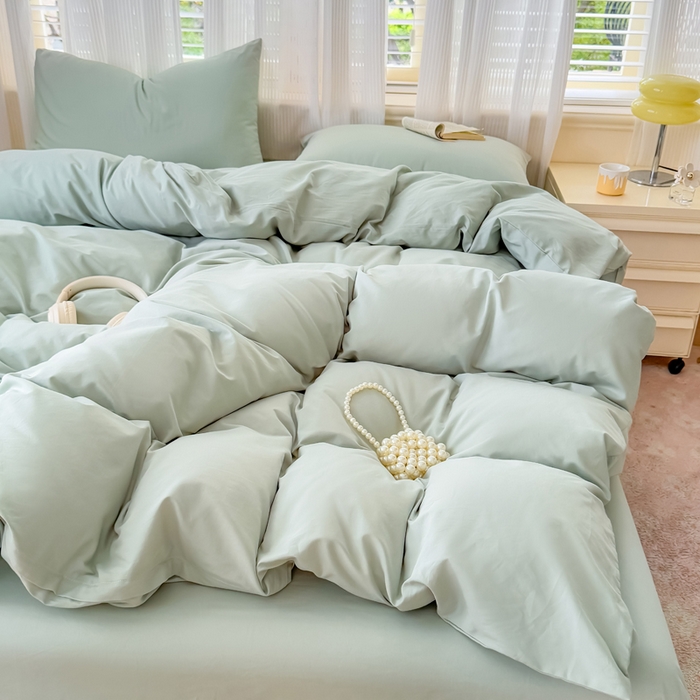91家纺网 家纺一手货源 找家纺 疆东 2026高端100%新疆长绒棉100支纯棉全棉磨毛四件套纯色双拼全棉纯棉磨毛四件套单被套床单床笠单品 M水绿