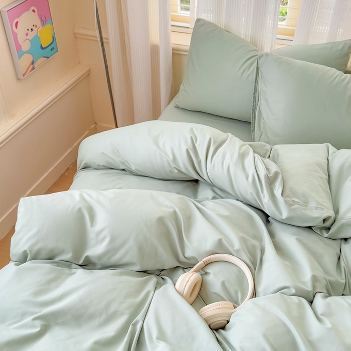 91家纺网 家纺一手货源 找家纺 疆东 2026高端100%新疆长绒棉100支纯棉全棉磨毛四件套纯色双拼全棉纯棉磨毛四件套单被套床单床笠单品 M水绿