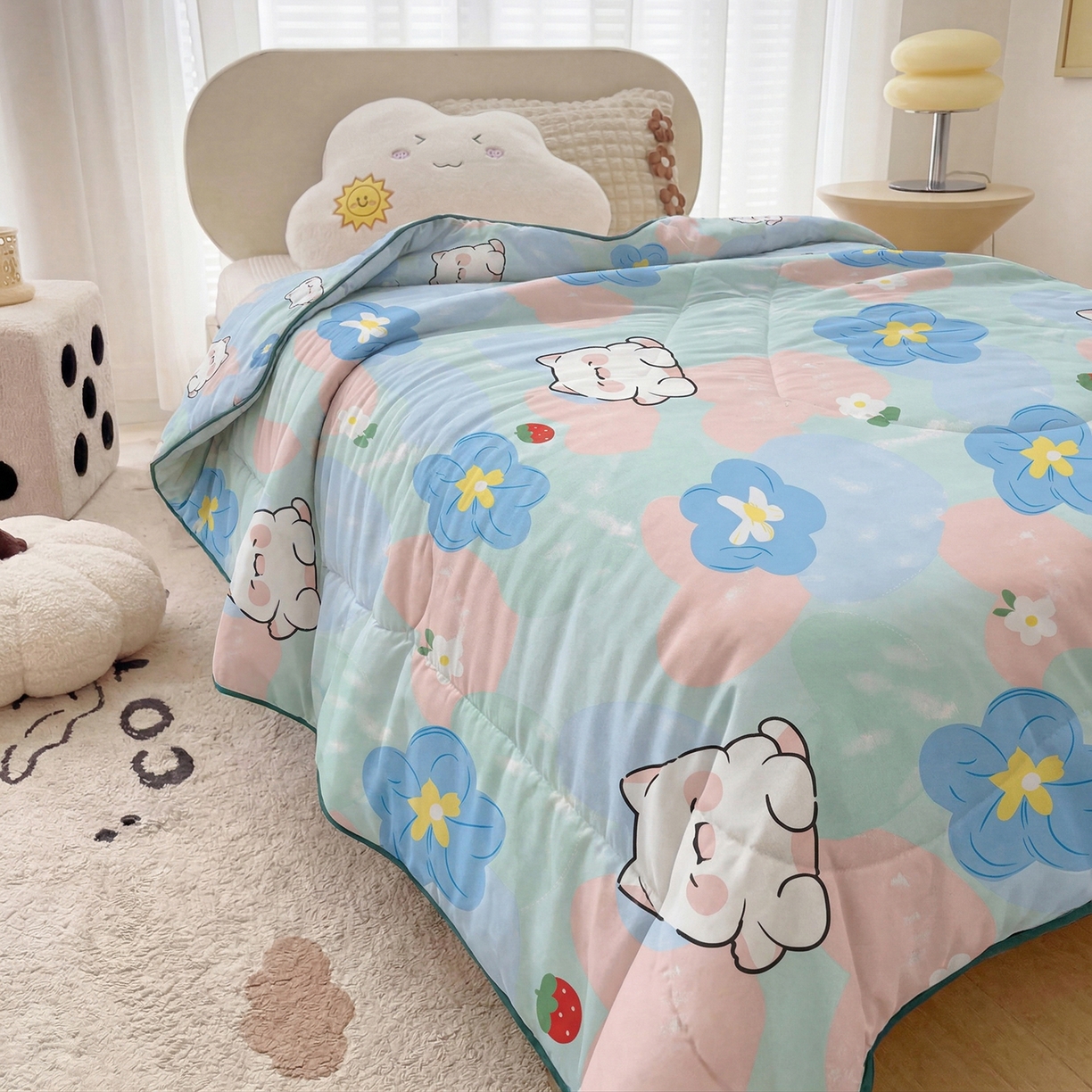 91家纺网 家纺一手货源 找家纺 春妮家纺 2026新款卡通幼儿园全棉儿童夏被夏凉被空调被 心花怒放