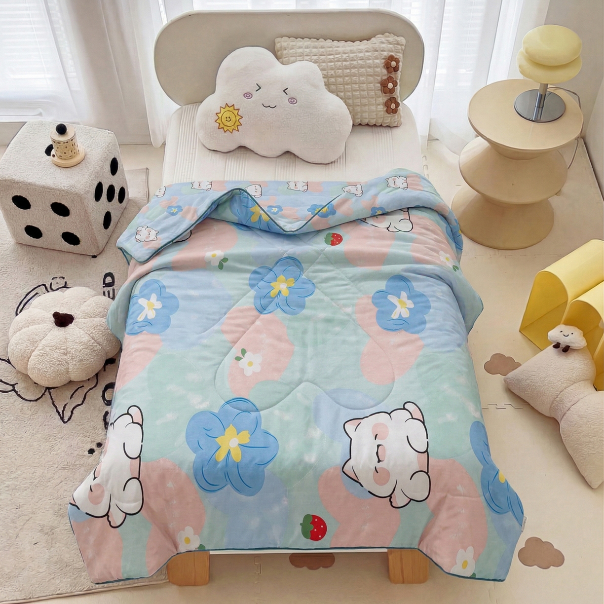 91家纺网 家纺一手货源 找家纺 春妮家纺 2026新款卡通幼儿园全棉儿童夏被夏凉被空调被 心花怒放