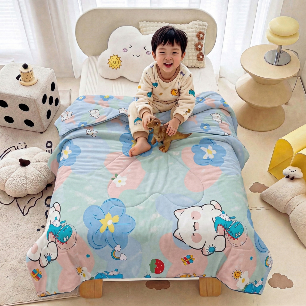 91家纺网 家纺一手货源 找家纺 春妮家纺 2026新款卡通幼儿园全棉儿童夏被夏凉被空调被 心花怒放