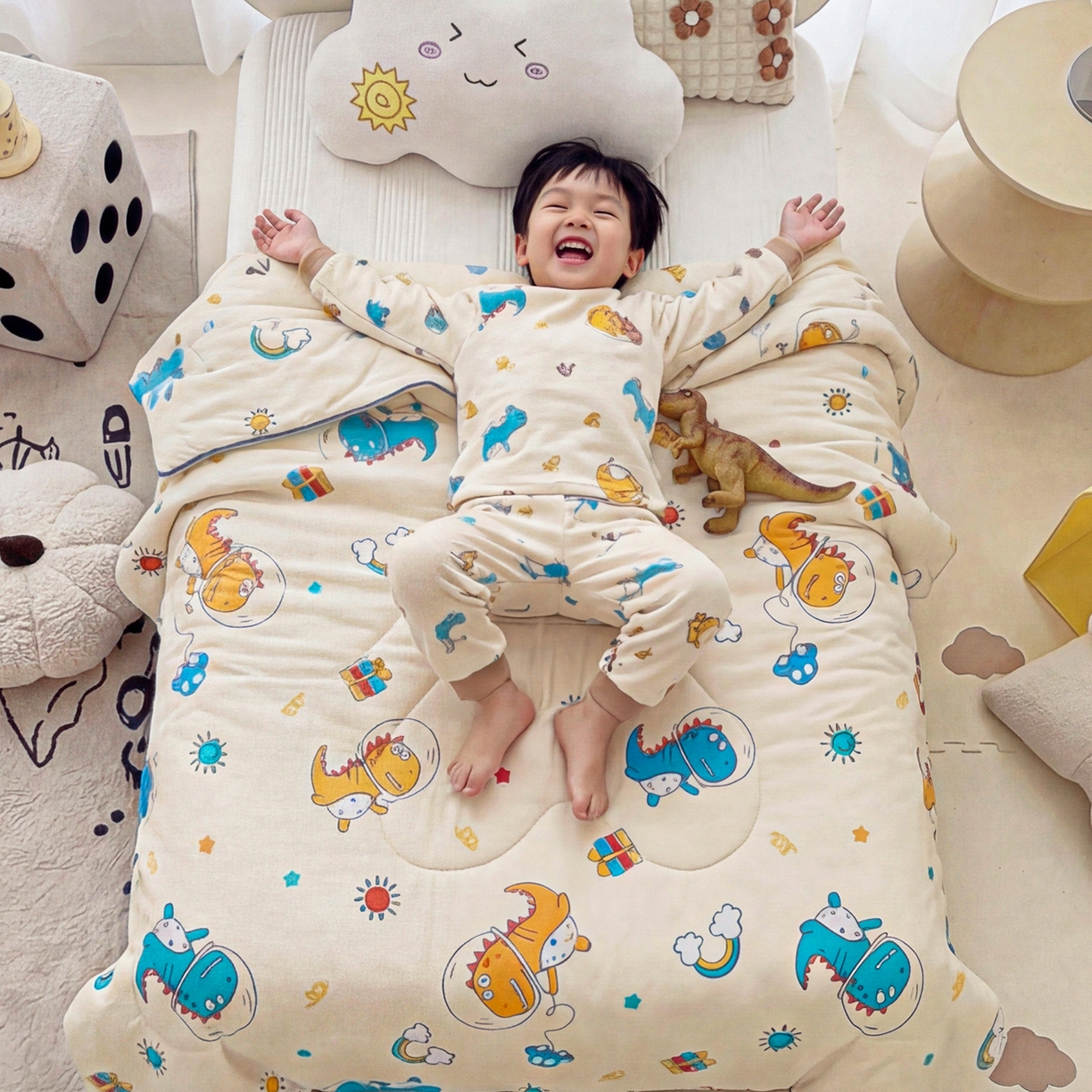 91家纺网 家纺一手货源 找家纺 春妮家纺 2026新款卡通幼儿园全棉儿童夏被夏凉被空调被 恐龙假日