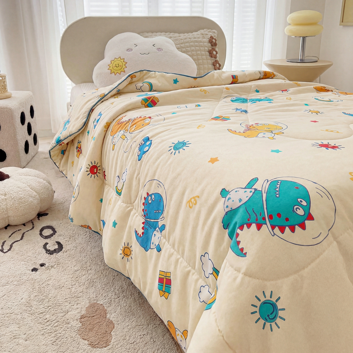 91家纺网 家纺一手货源 找家纺 春妮家纺 2026新款卡通幼儿园全棉儿童夏被夏凉被空调被 恐龙假日