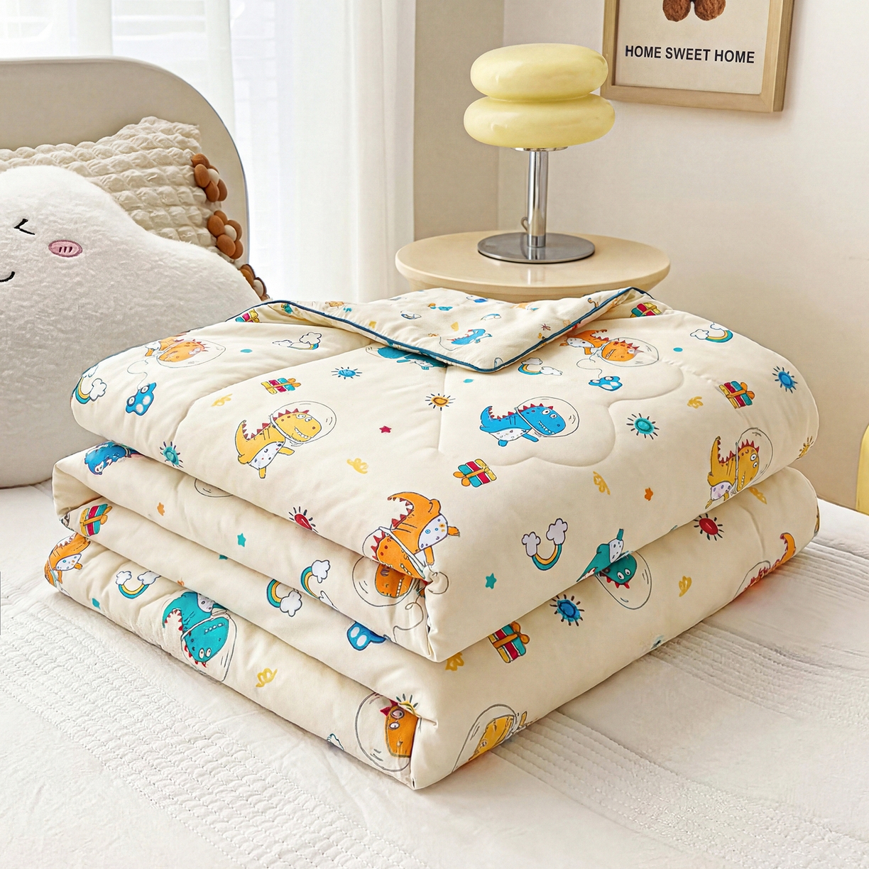 91家纺网 家纺一手货源 找家纺 春妮家纺 2026新款卡通幼儿园全棉儿童夏被夏凉被空调被 恐龙假日