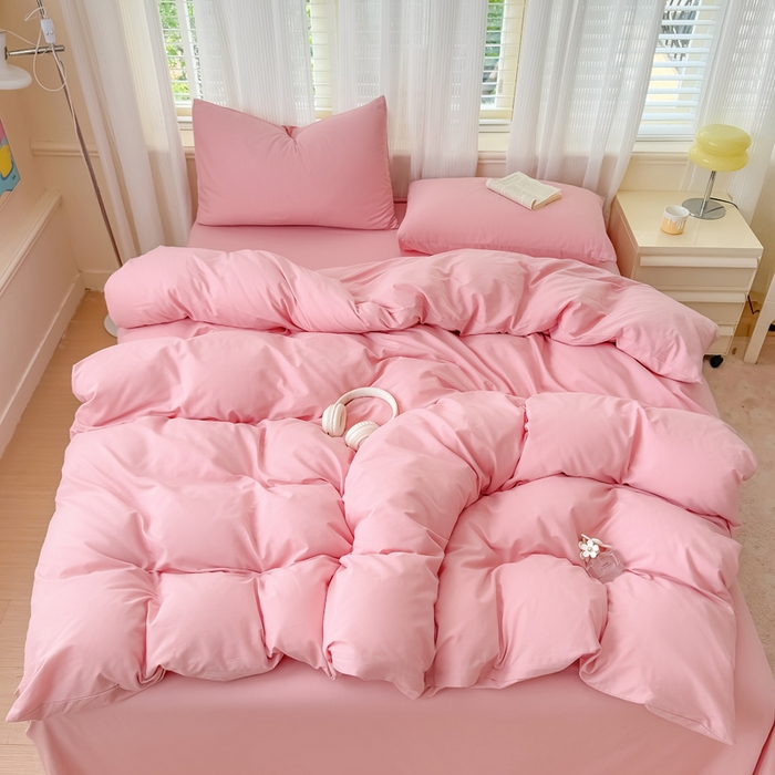 91家纺网 家纺一手货源 找家纺 疆东 2026高端100%新疆长绒棉100支纯棉全棉磨毛四件套纯色双拼全棉纯棉磨毛四件套单被套床单床笠单品 M粉色